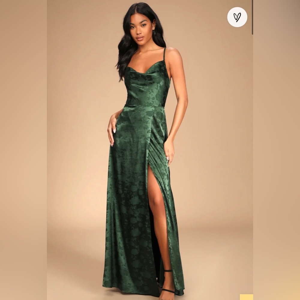 Simply Dreamy Emerald Green Satin Floral Jacquard Maxi Dress